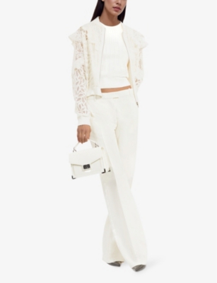 THE KOOPLES WOMENS LACE-EMBROIDERED FRILL-TRIM ZIP-UP WOVEN JACKET ECRU 