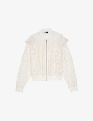 THE KOOPLES WOMENS LACE-EMBROIDERED FRILL-TRIM ZIP-UP WOVEN JACKET ECRU 