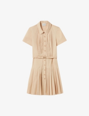 Claudie Pierlot Womens Naturels Pleated Short-sleeve Cotton Mini Dress In Brown