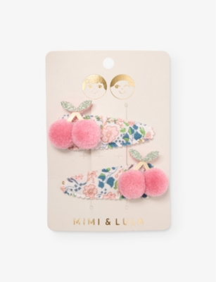 MIMI & LULA: Floral Pompom Cherries Pack of Two Hair Clips