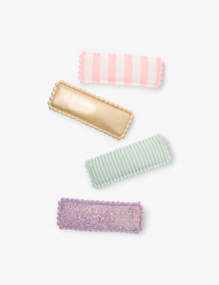 Mimi & Lula Stripy Rectangular Set Of Four Fabric Hair Clips In Bright Multi