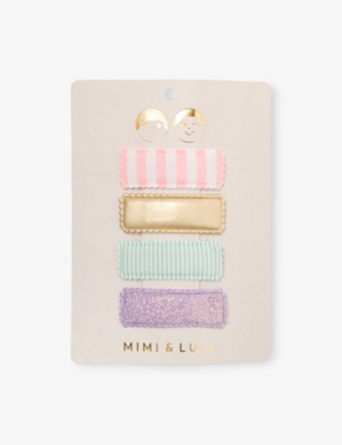 Mimi & Lula Stripy Rectangular Set Of Four Fabric Hair Clips In Bright Multi
