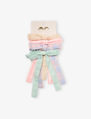 MIMI & LULA: Stripe-Print Bow-Embellished Pack of Four Woven Scunchie