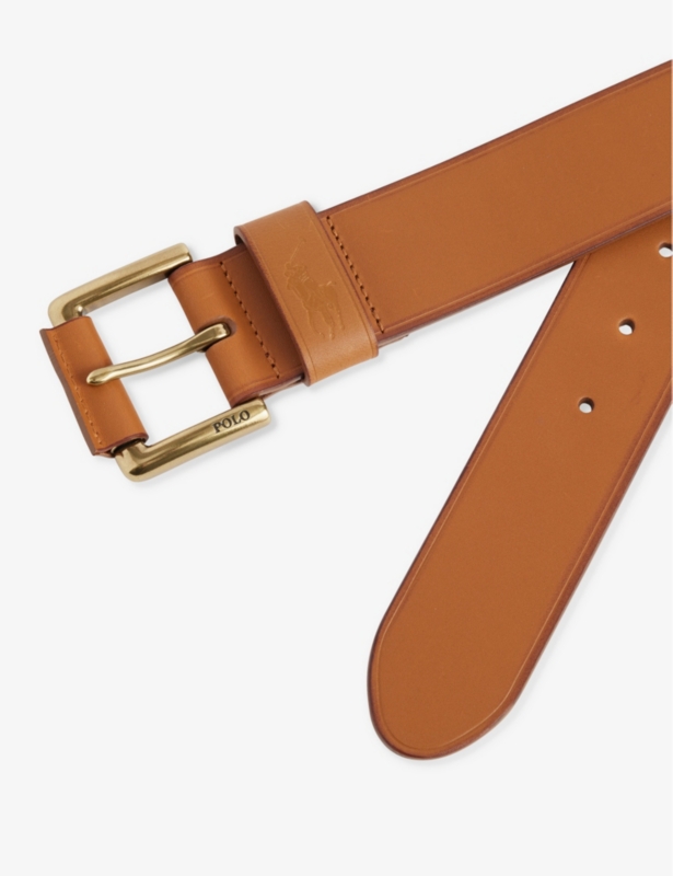 Engraved-Buckle Brand-Print Leather Belt
