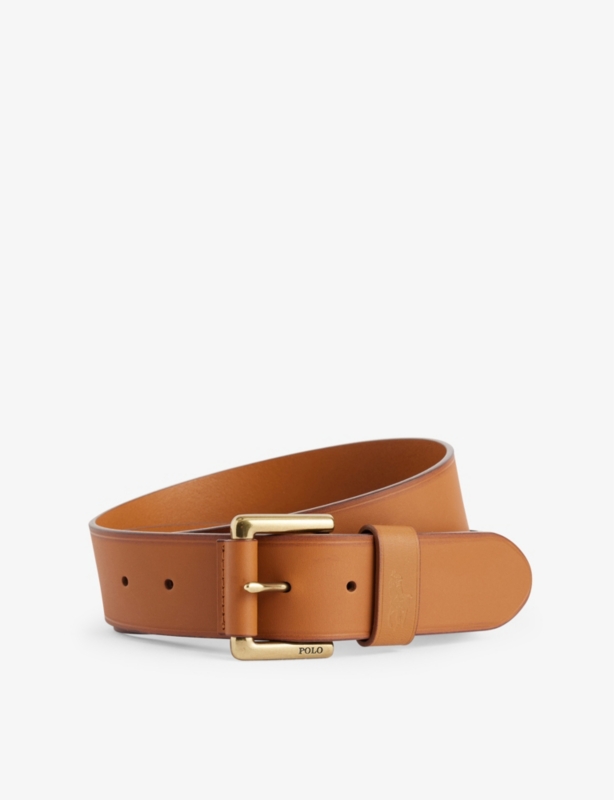 Engraved-Buckle Brand-Print Leather Belt