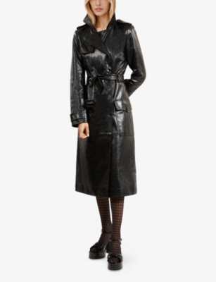The Kooples Womens Black Notched-lapel Detachable-belt Regular-fit Leather Coat In Black