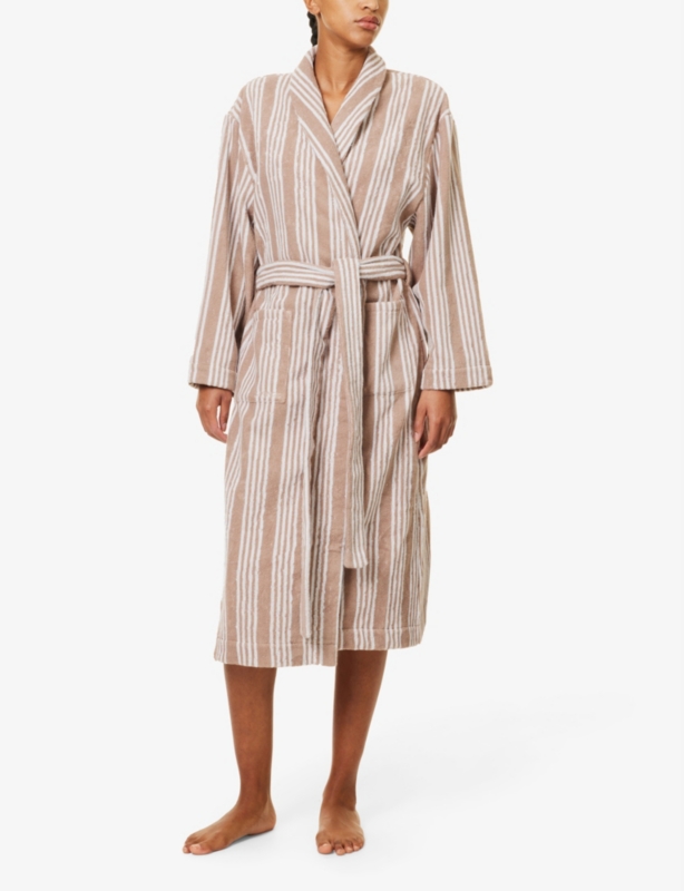 Stripe-Pattern Towelling Cotton Dressing Gown