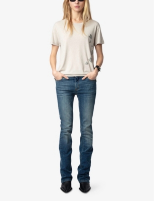 Zadig & Voltaire Womens Marta Rhinestone-embellished Cotton And Linen-blend T-shirt Light Grey In Light Grey