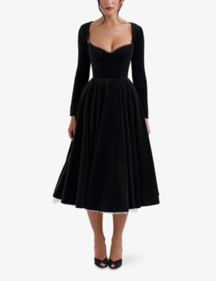 Shop House Of Cb Of Cb Womens Black Mademoiselle Velvet Tulle Midi Dress Xs