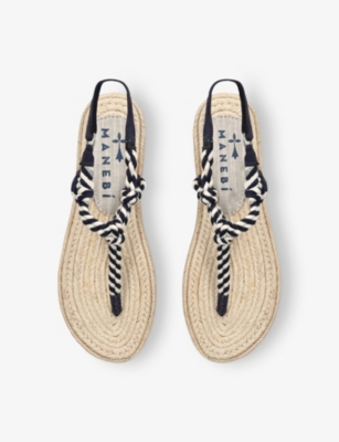Manebi Woven Strap Flat Sole Open Toe Sandals In White/navy