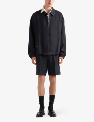 Prada Mens Black Triangle-logo Tailored Linen Bermuda Shorts In Black