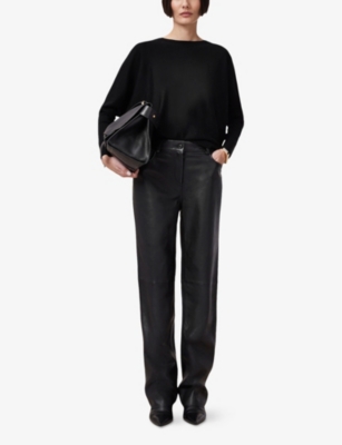 Allsaints Womens Black Relaxed-fit Wrap-design Wool Jumper In Black