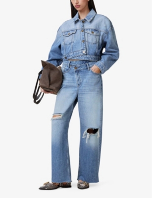 ALLSAINTS WOMENS LIGHT INDIGO AKI CROSSOVER STRAIGHT-LEG DENIM JEANS 