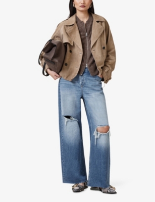 Notched-Lapel Double-Breasted Regular-Fit Suede Jacket
