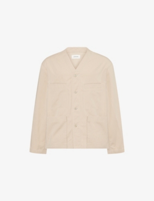 Lemaire Mens Collarless Patch-pockets Cotton-poplin Overshirt Rose Beige