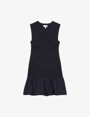 Reiss Womens Navy Belinda Shirred-bodice Cotton Mini Dress