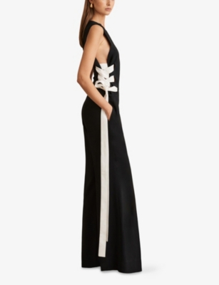 Reiss Womens Navy White Emma Ladder-trim Wide-leg Stretch-woven Jumpsuit