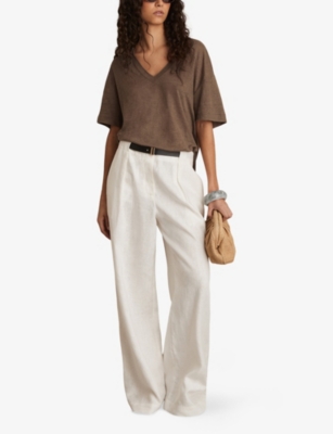 Reiss Womens Brown Ember V-neck Relaxed-fit Linen T-shirt
