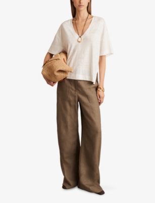 Reiss Womens White Ember V-neck Relaxed-fit Linen T-shirt