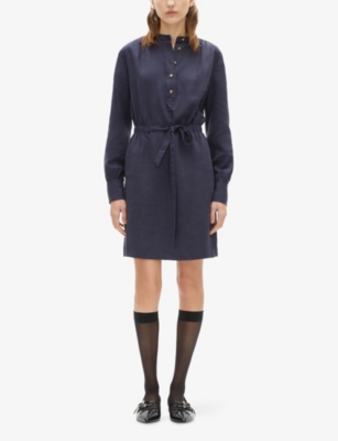 THE KOOPLES WOMENS NAVY BUTTON-NECK TIE-WAIST LINEN-BLEND MINI DRESS 