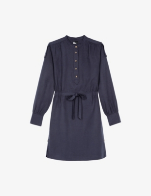 THE KOOPLES WOMENS NAVY BUTTON-NECK TIE-WAIST LINEN-BLEND MINI DRESS 