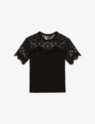 Shop The Kooples Womens Black Round-neck Lace-panel Cotton T-shirt