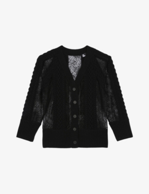 The Kooples Womens V-neck Knitted And Lace Cardigan Black In Black