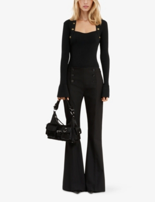 The Kooples Womens Black Bell-sleeve Ribbed Stretch-knit Top In Black