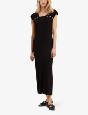 The Kooples Womens Black Button-front Cap-sleeve Stretch-woven Midi Dress In Black