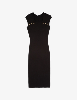 The Kooples Womens Black Button-front Cap-sleeve Stretch-woven Midi Dress In Black