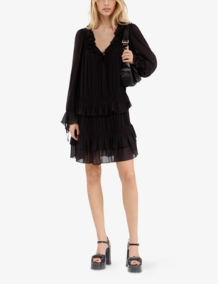 THE KOOPLES WOMENS TIERED-HEM LONG-SLEEVE MESH MINI DRESS BLACK STONE 