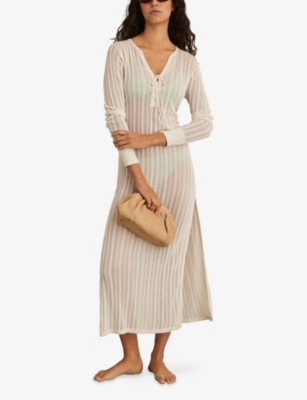 Reiss Womens Cream Samantha Tie-front Slim-fit Knitted Maxi Dress In White