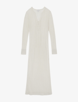 Reiss Womens Cream Samantha Tie-front Slim-fit Knitted Maxi Dress In White