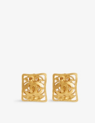 RESELFRIDGES: Pre-Loved Chanel&nbsp;Square Clip-On Gold-Plated Metal Earrings