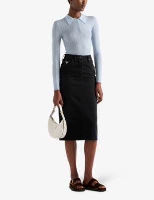 PRADA WOMENS BLACK ENAMELLED-LOGO STRAIGHT-FIT DENIM MIDI SKIRT 