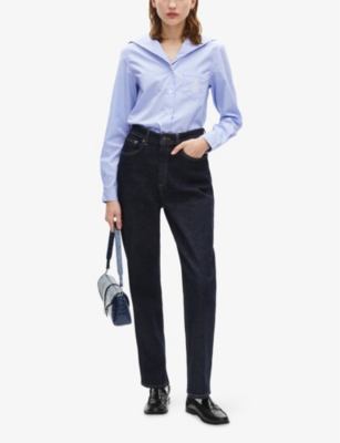 THE KOOPLES WOMENS BLUE WHITE LOGO-EMBROIDERED OPEN-COLLAR COTTON SHIRT XS 