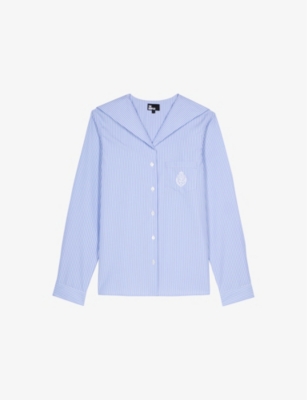 THE KOOPLES WOMENS BLUE WHITE LOGO-EMBROIDERED OPEN-COLLAR COTTON SHIRT XS 