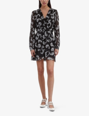 THE KOOPLES: Feather-Print Long-Sleeve Woven Mini Dress