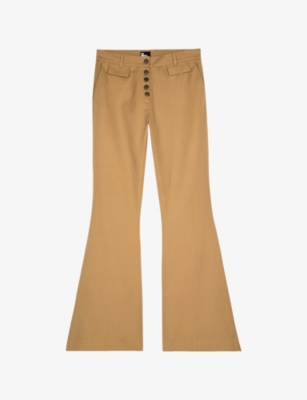 The Kooples Womens Beige Flared-leg Mid-rise Cotton And Linen-blend Trousers In Beige