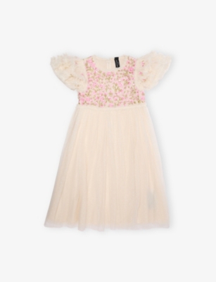 Needle & Thread Kids' Cream/pink Posy Bodice Embroidered Tulle Dress 4-10