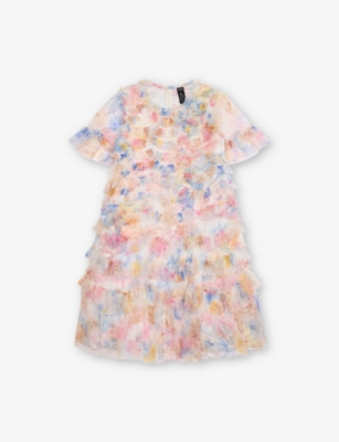 Needle & Thread Kids' Mariannes Floral Printed Tulle Ruffle 4-12 Years Moonshin