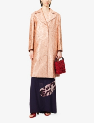 Ricca Double-Breasted Floral-Jacquard Woven Coat