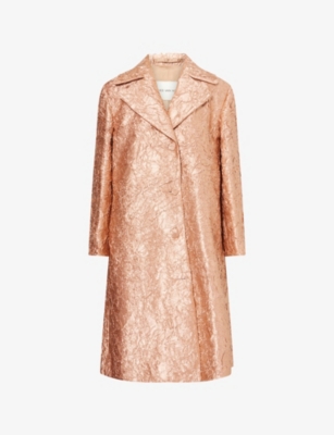Ricca Double-Breasted Floral-Jacquard Woven Coat