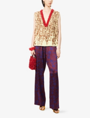 Dries Van Noten Womens Burgundy Puvis Floral-print Wide-leg Satin Trousers