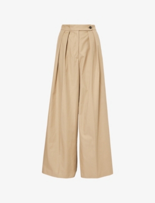 DRIES VAN NOTEN: Pleated Two-Slip-Pockets Wide-Leg High-Rise Cotton Trousers