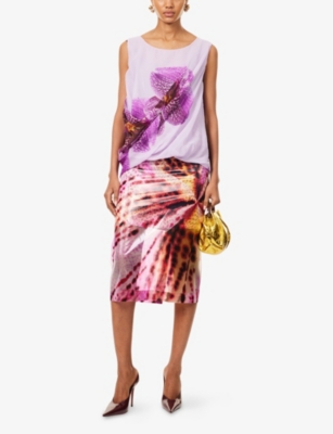 DRIES VAN NOTEN: Flower-print Ruched Woven-Blend Midi Skirt