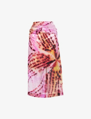 DRIES VAN NOTEN: Flower-print Ruched Woven-Blend Midi Skirt