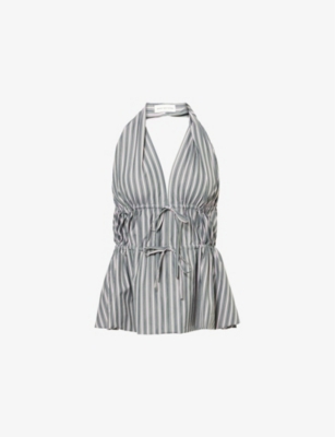 DRIES VAN NOTEN: Striped Halterneck Cotton-Poplin Top
