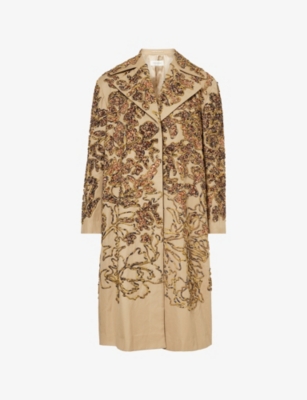 Sequin-Embellished Notch-Lapels Cotton Coat