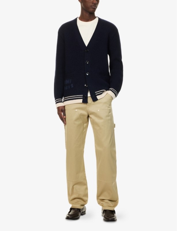 Logo-Embroidered Ribbed-Knit Wool Cardigan